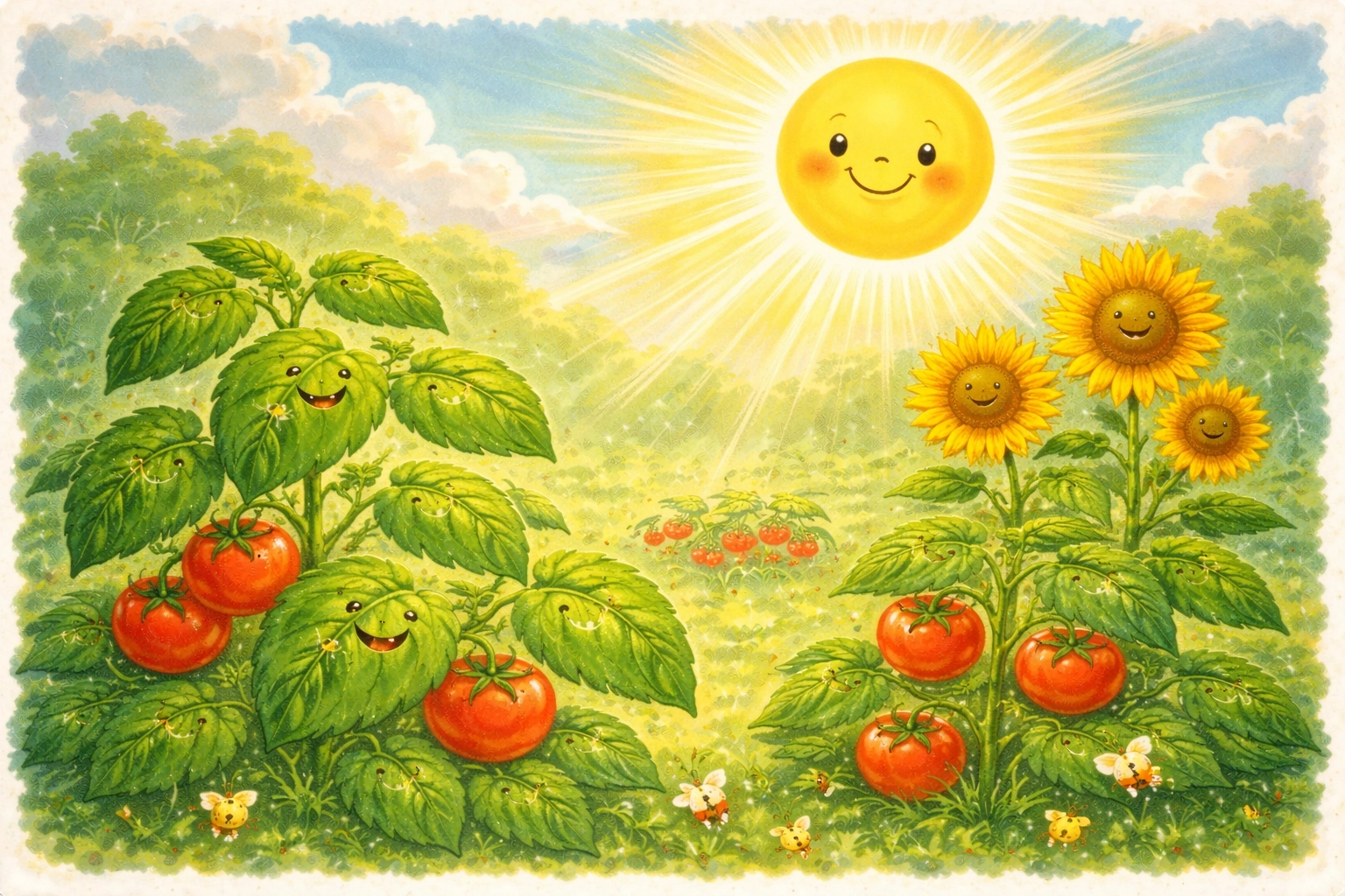 Cartoon garden with smiling leaves and sunflowers showing sunlight turning into plant energy