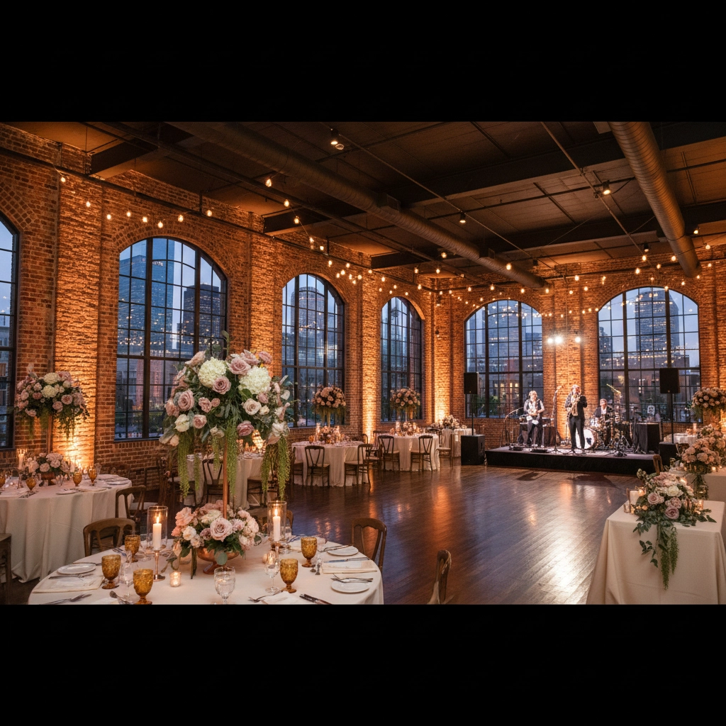 Spacious brick venue with large windows, decorated for an event. Tables have floral centerpieces and candles. A band performs on stage.