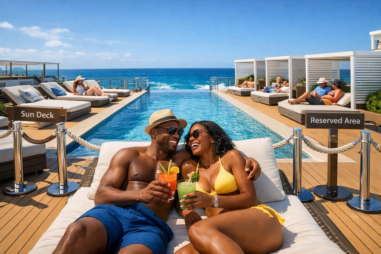 Couples relaxing on adults only lifestyle cruise ship sun deck with designated zones