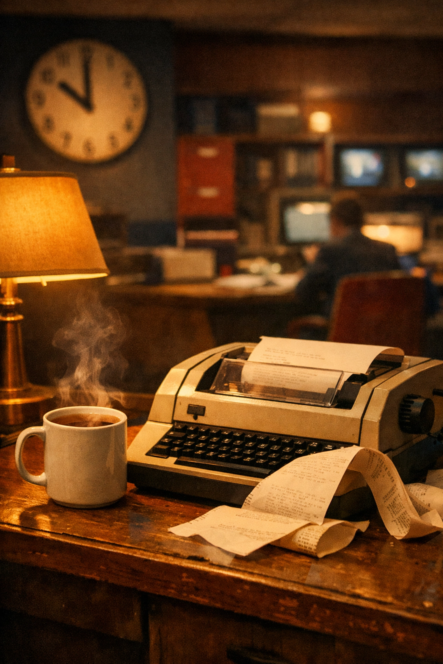 Vintage newsroom desk with tea and wire machine for calm 10 PM news brief