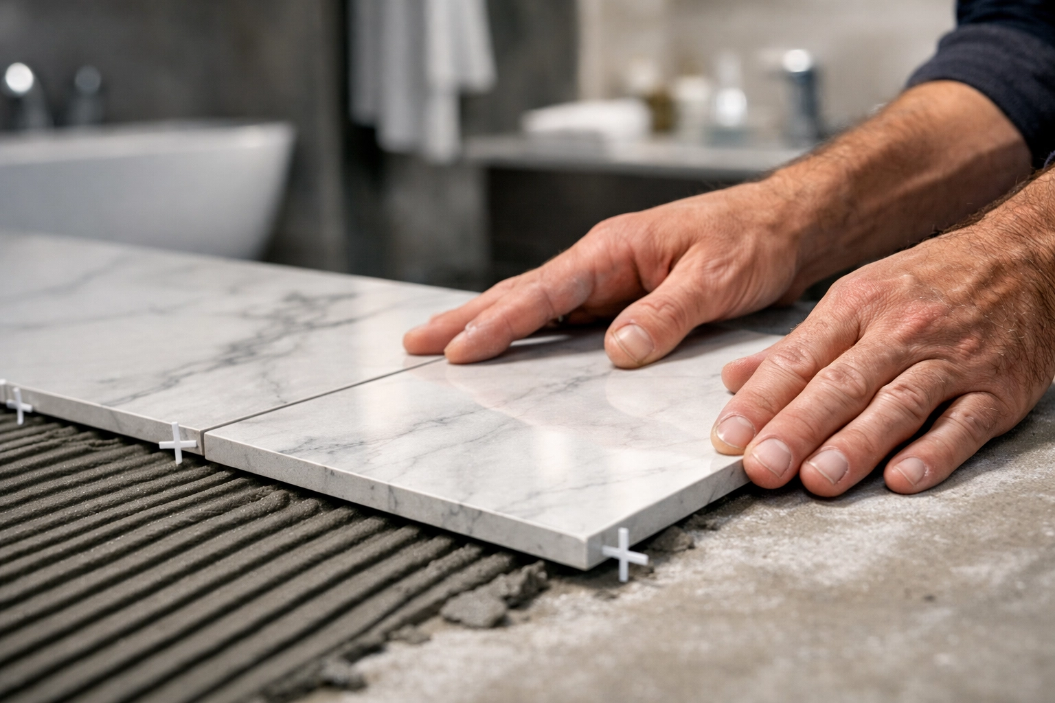 Close-up of expert tile installation, demonstrating quality craftsmanship in an Orlando bathroom remodel.