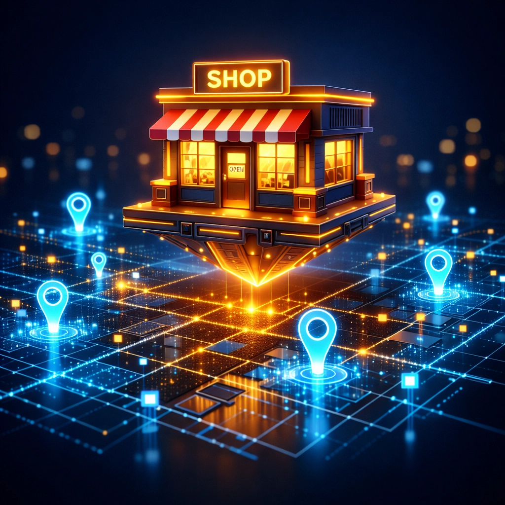 Digital storefront on a glowing map grid illustrating local business profile optimization for AI search results.