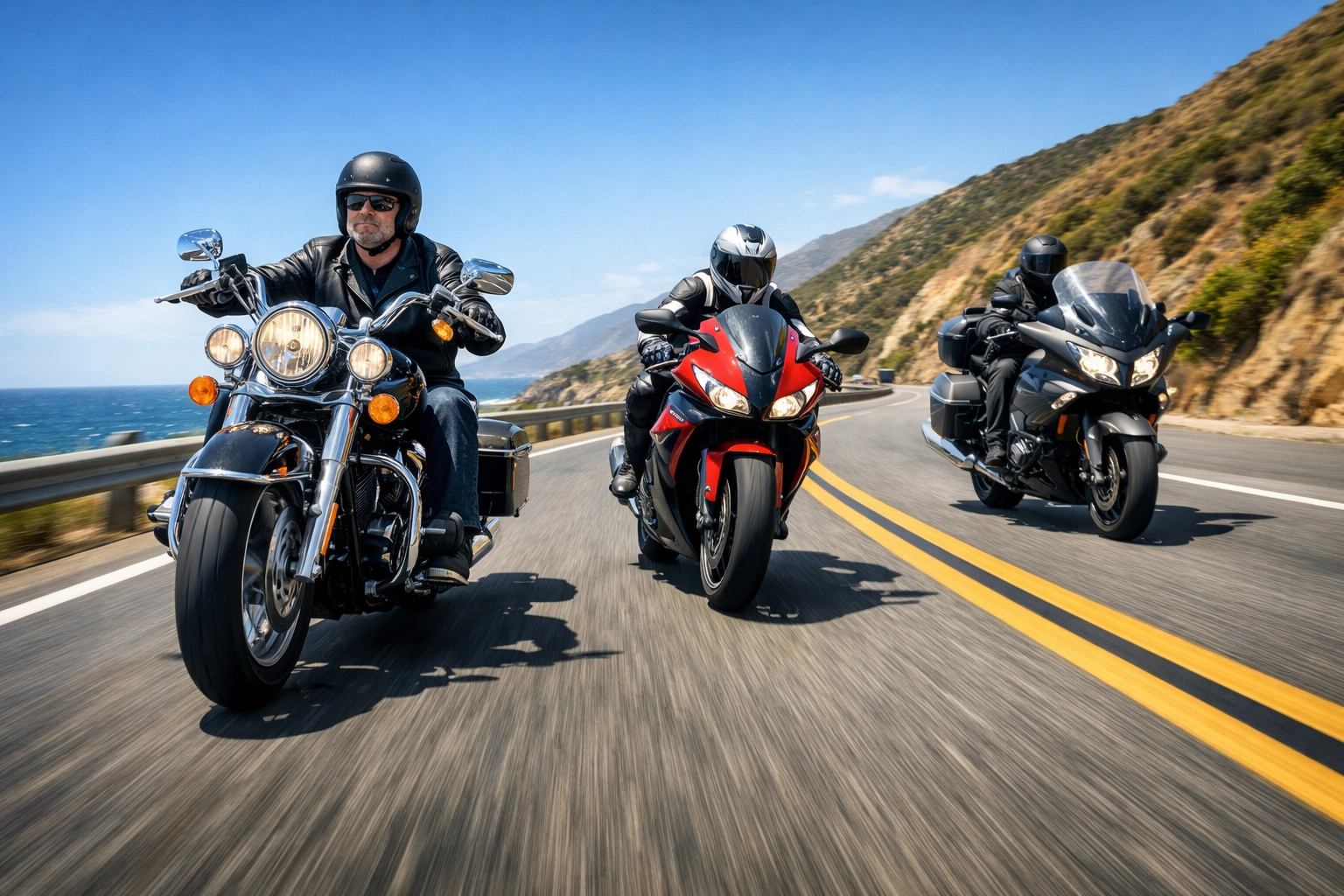 Cruisers and sportbikes riding in a safe staggered formation to promote motorcycle awareness.