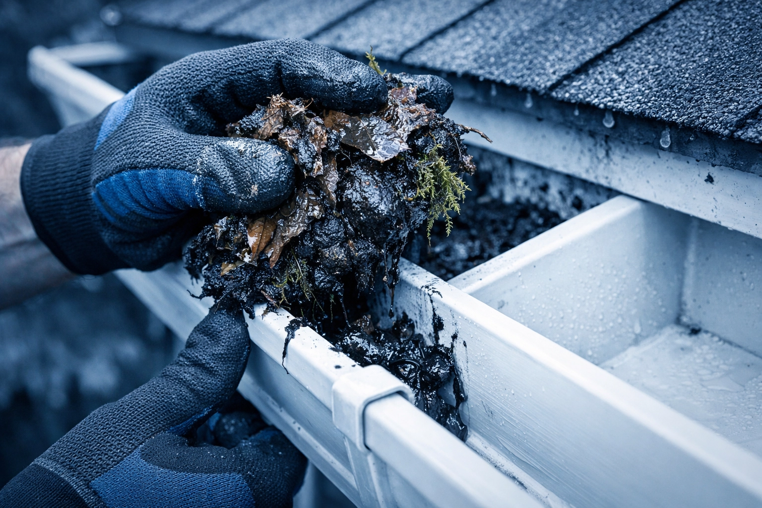 Professional gutter cleaning in Cambridge removing compacted leaves and debris buildup