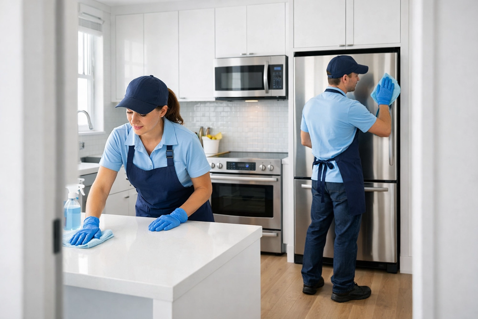 Professional cleaning team performing make-ready cleaning in apartment kitchen