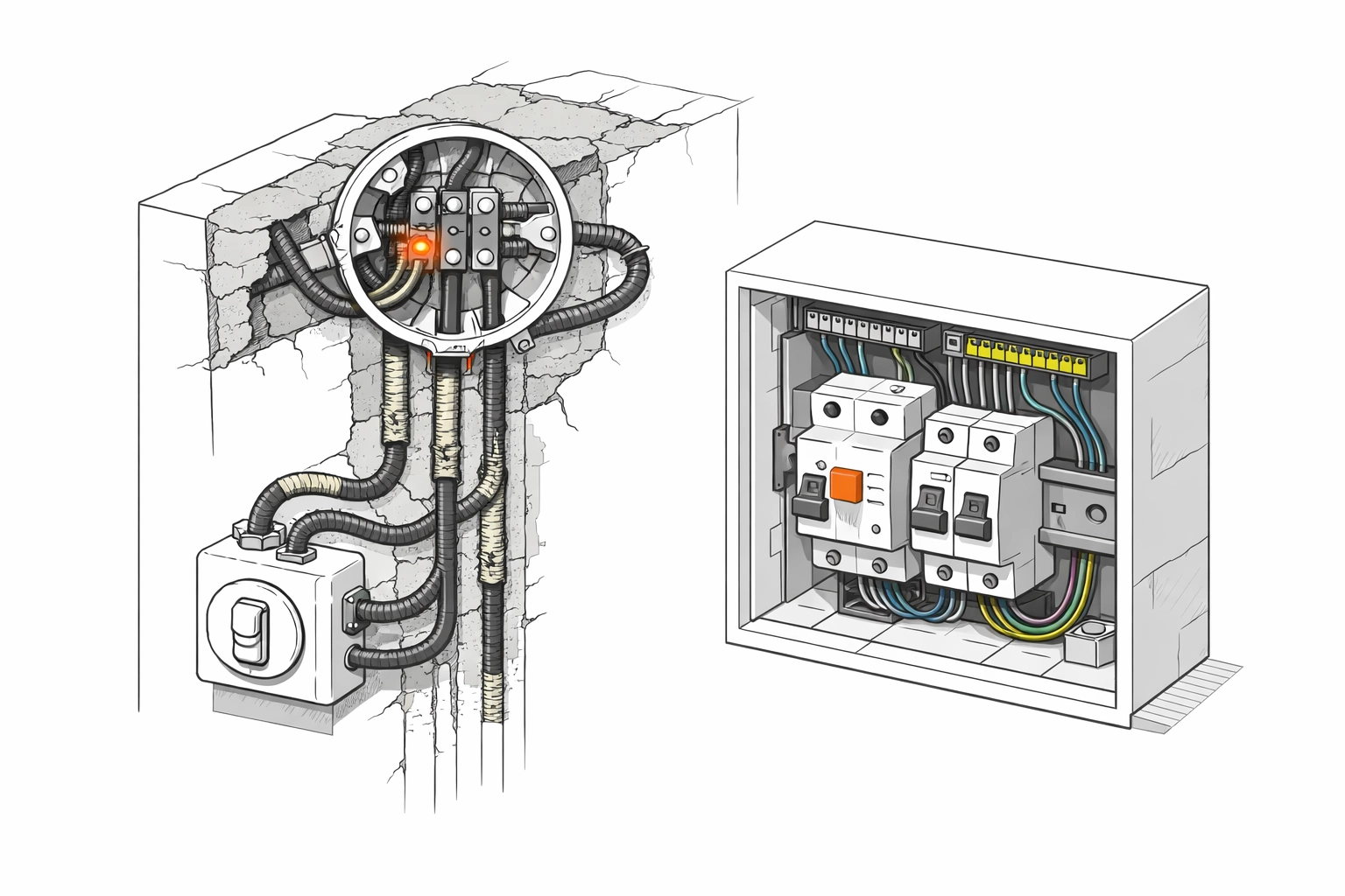 Technische Illustration: Veraltete Stoffleitungen und Nullung im Wiener Altbau vs. moderner FI-Schalter.