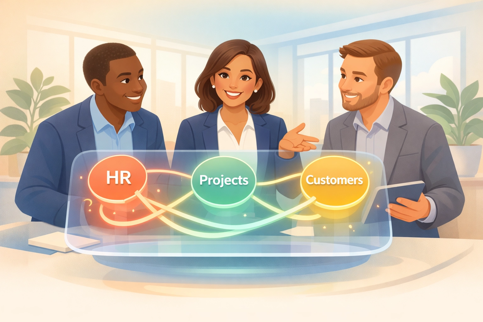 Team collaborating on integrated HR, CRM, and project management platform