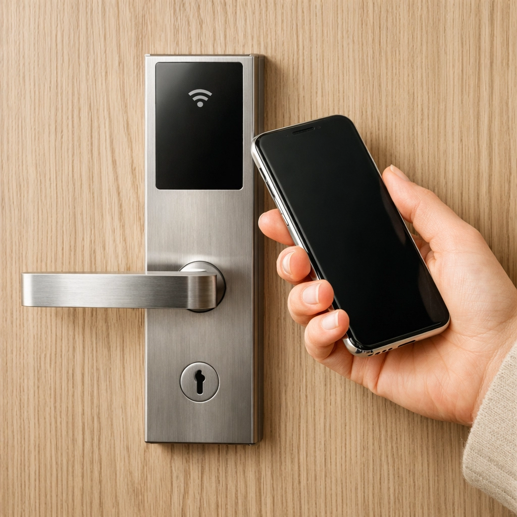 Guest using a smartphone for digital key entry at a modern hotel room door for a digital-first stay.