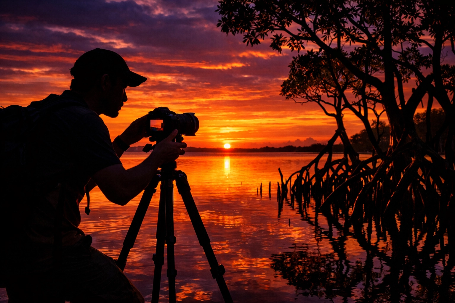 A travel photographer silhouettes against a mangrove sunset, demonstrating essential travel photography tips.