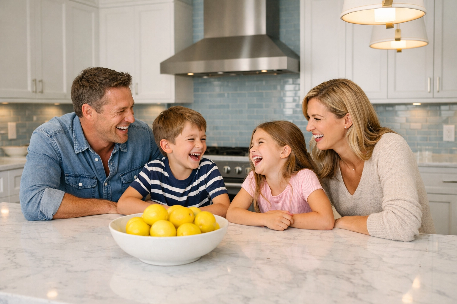 Family enjoying a spotless marble kitchen island in Wayland thanks to professional cleaners Wayland MA.