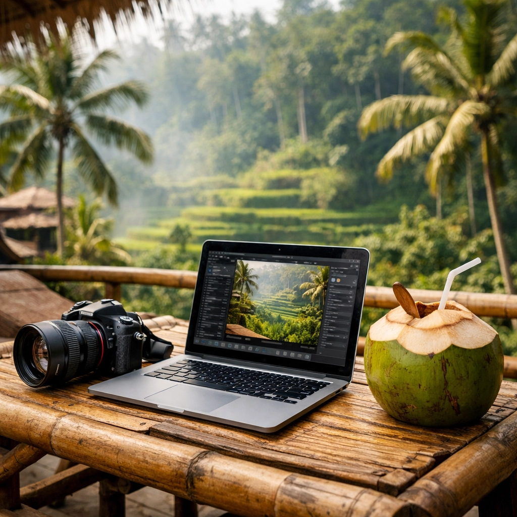 A digital nomad photographer's mobile workspace in Bali, representing efficient remote work while traveling.