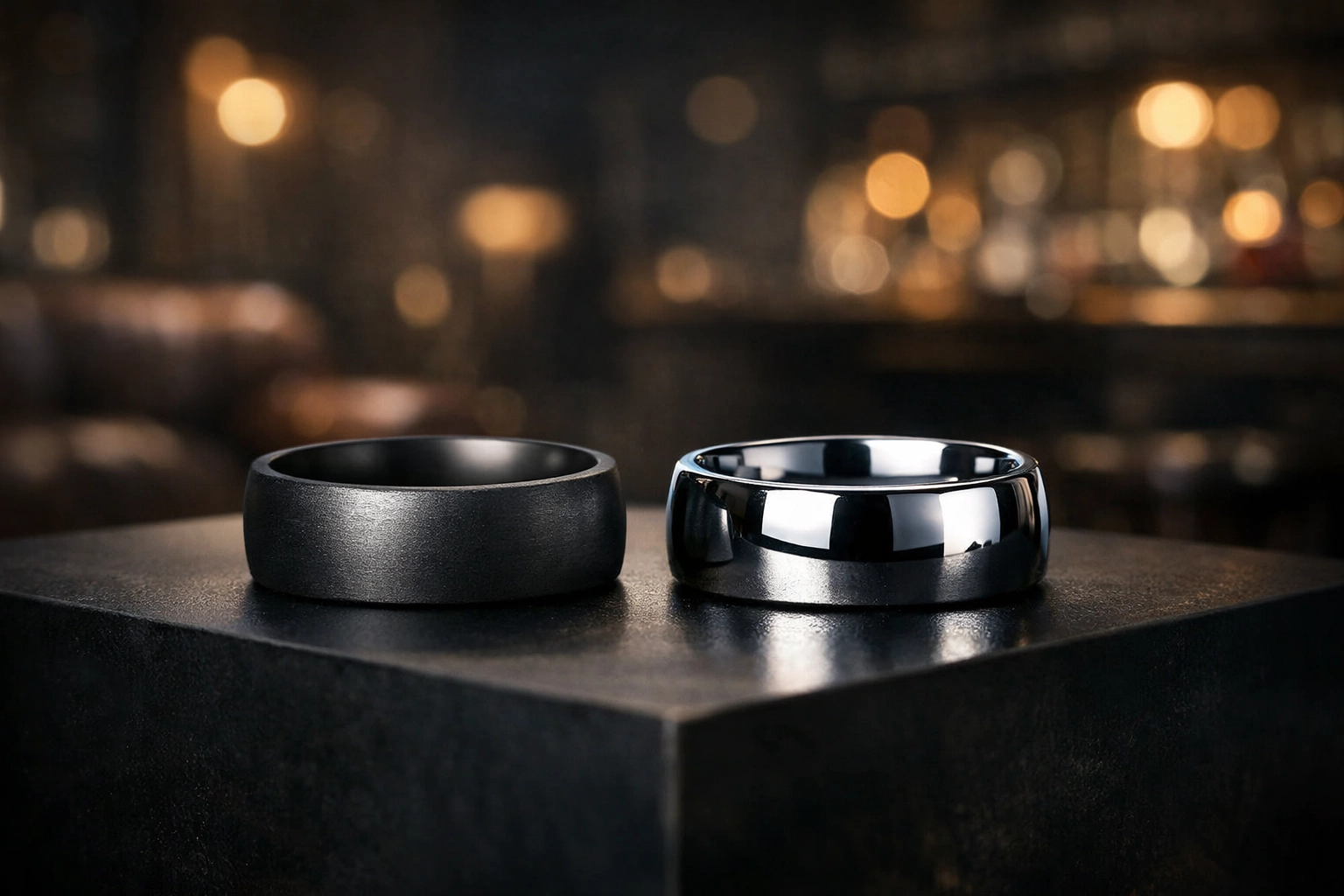 Side-by-side comparison of a matte tantalum ring and a high-polish cobalt chrome wedding band for men.