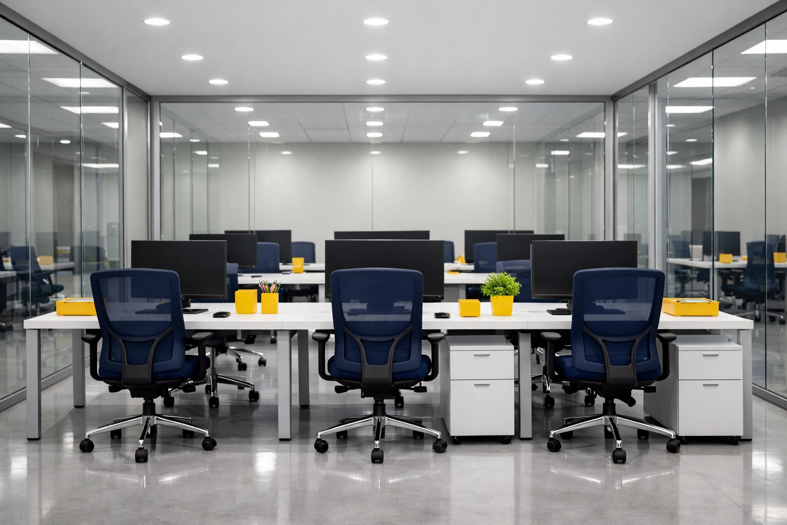Sleek modern office space in Lincoln featuring professional commercial cleaning and sanitized workstations.