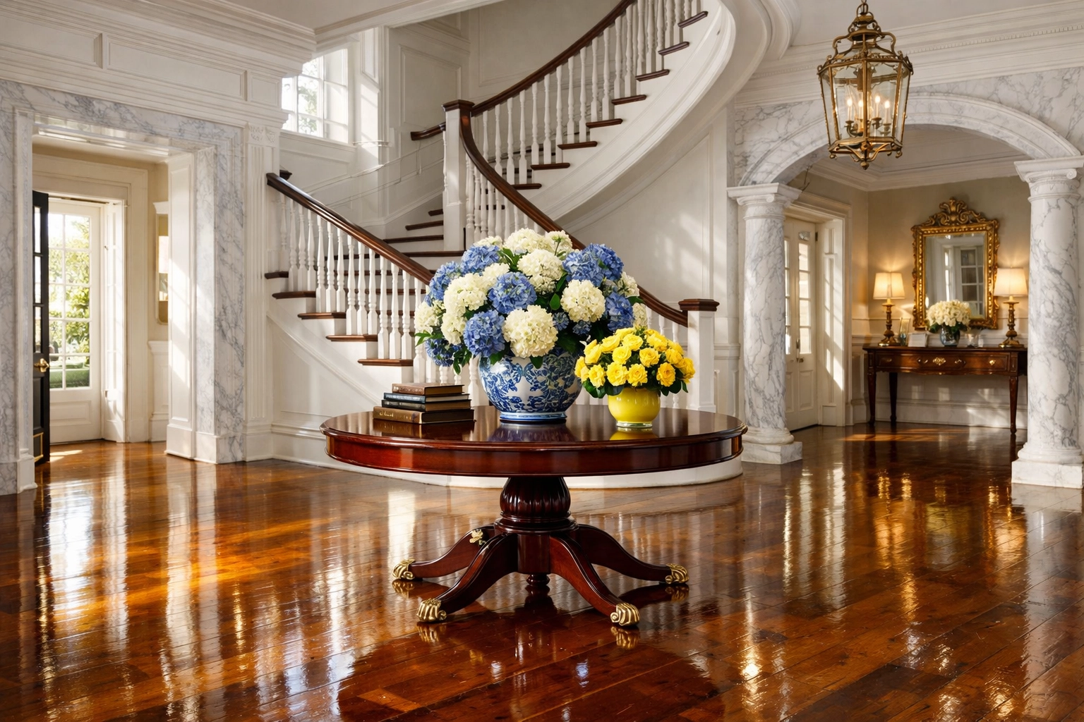Pristine grand foyer of a Concord colonial estate with professionally polished pine floors and white staircase.