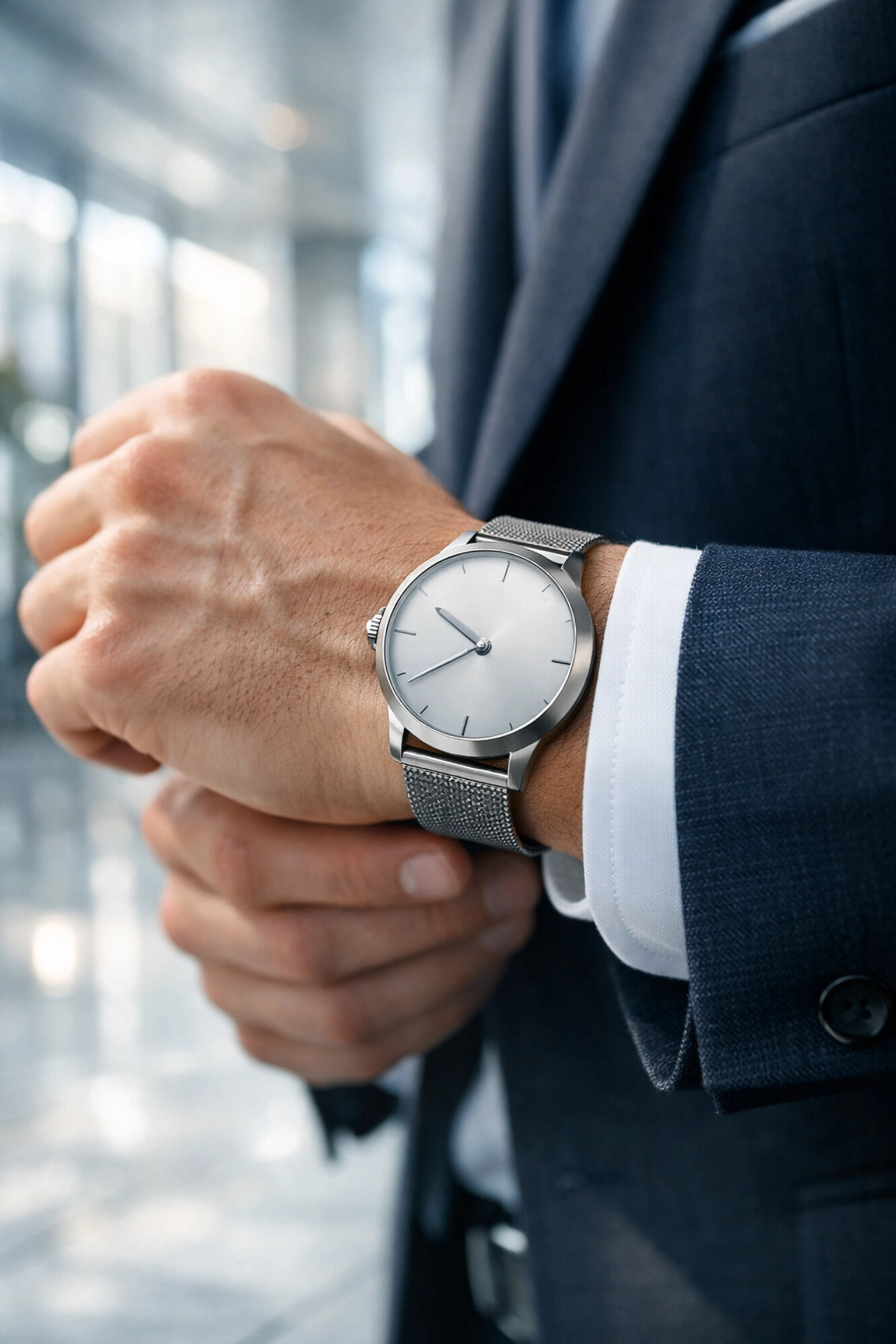 Close-up of a leader's watch in a modern office, symbolising effective leadership time management.