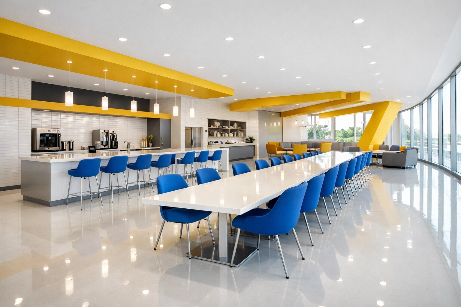 Modern office kitchen and lounge with polished floors highlighting professional commercial cleaning.