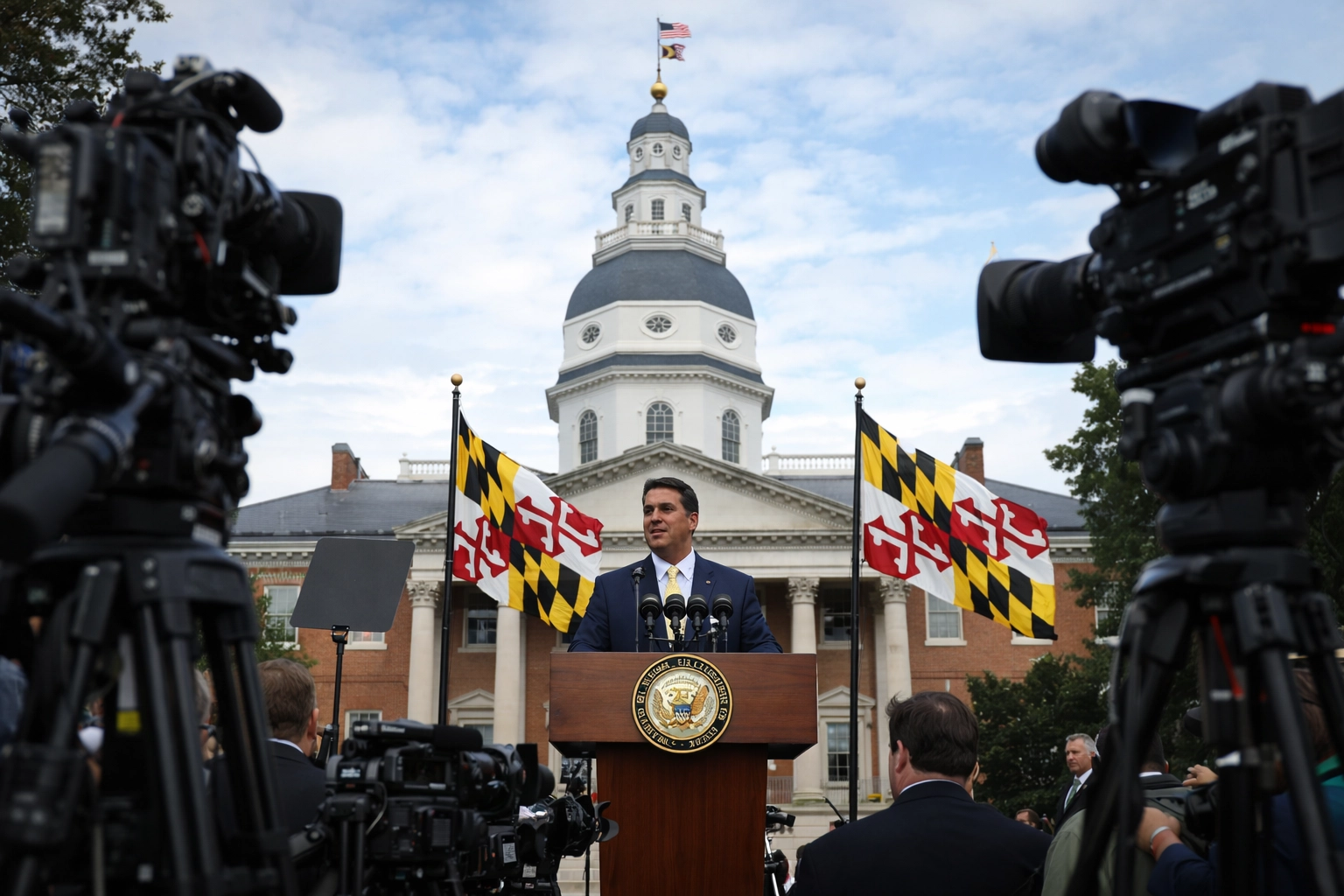 Maryland State House in Annapolis with press and Maryland flags during a political announcement