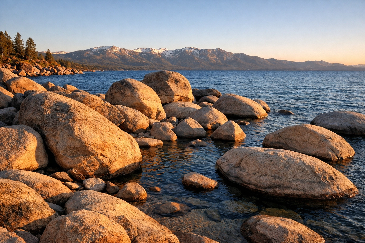 Sand Harbor photography spot in Lake Tahoe showing granite boulders at golden hour with mountains.