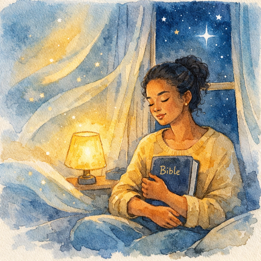 Person reading Bible during quiet nighttime prayer and reflection