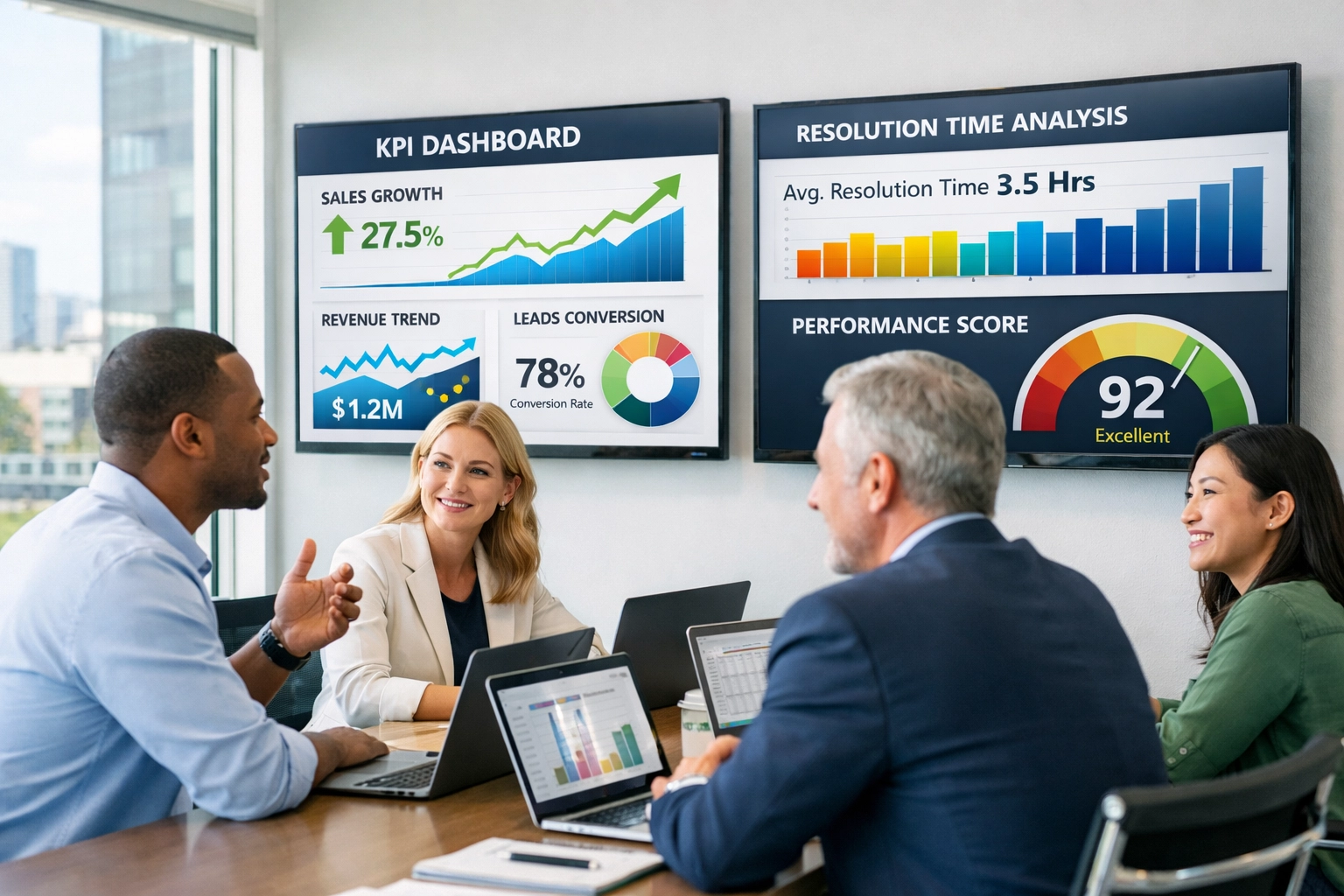 Team analyzing ServiceNow KPI dashboards showing ROI metrics and performance data