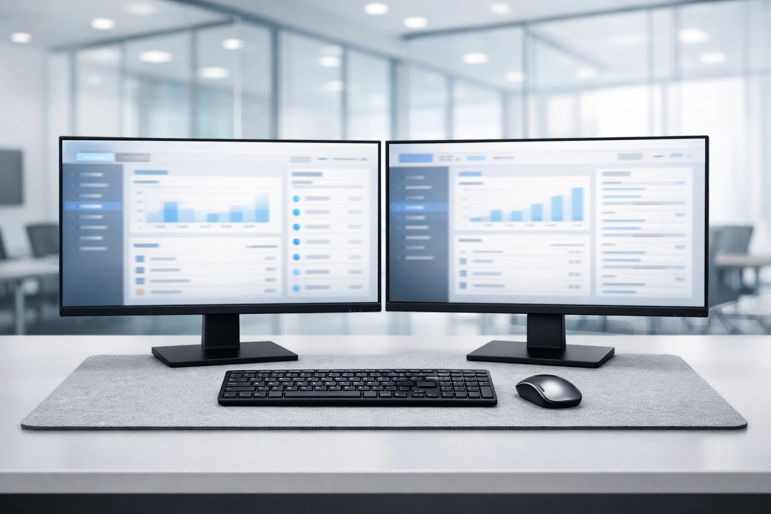 Modern dual-monitor workstation setup for professional tax software and service bureau office configuration.