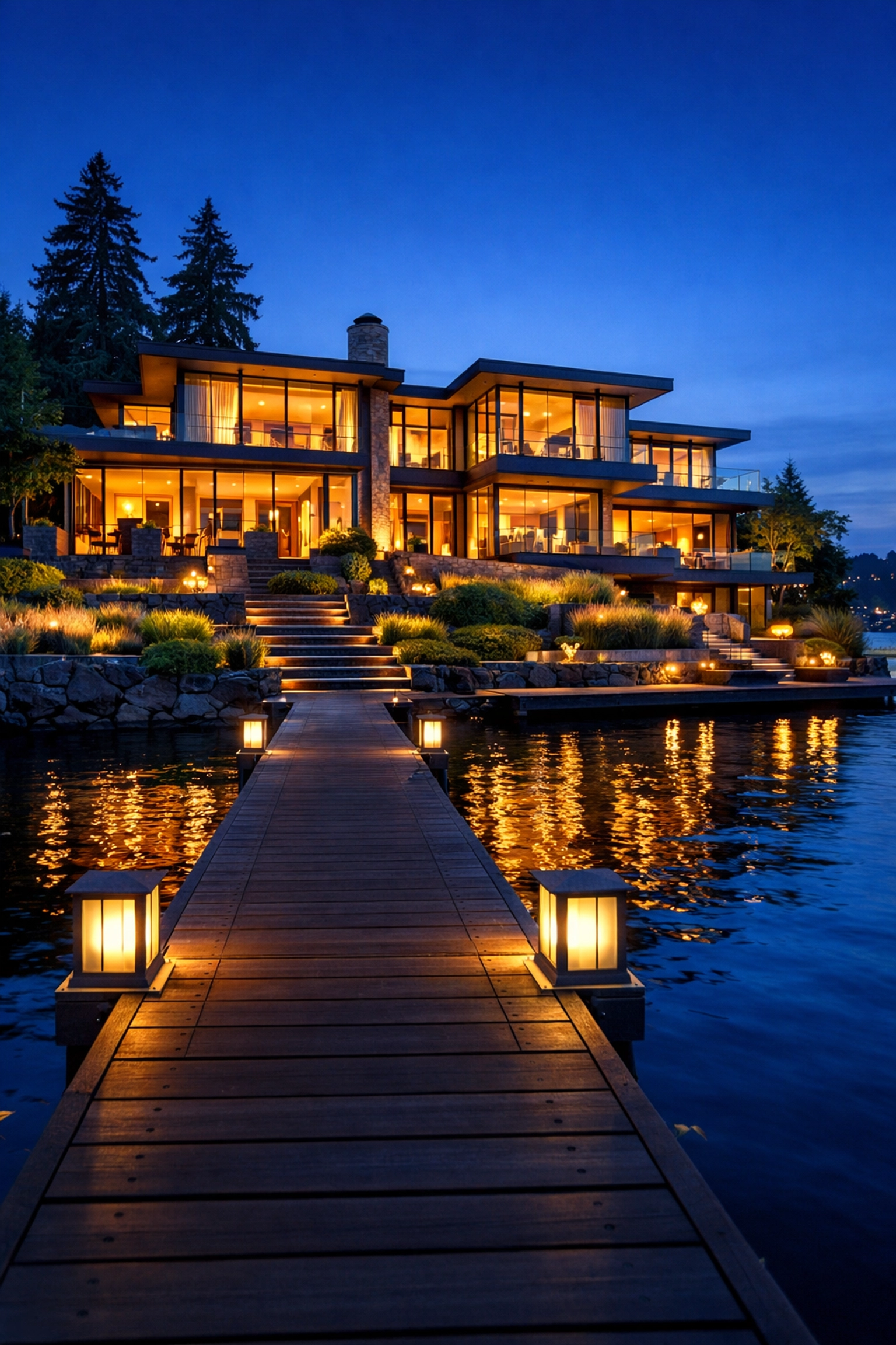 A luxury Bellevue waterfront estate on Lake Washington showcasing high-end architectural design at dusk.