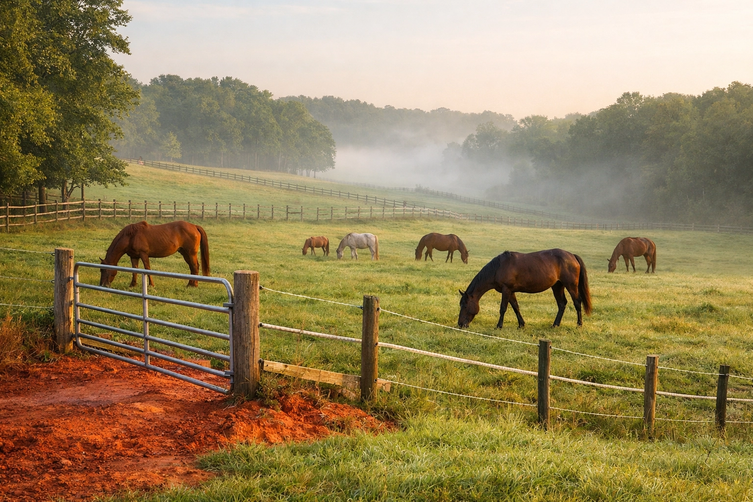 Horses grazing in well-managed pastures at Waxhaw NC horse farm with proper fencing