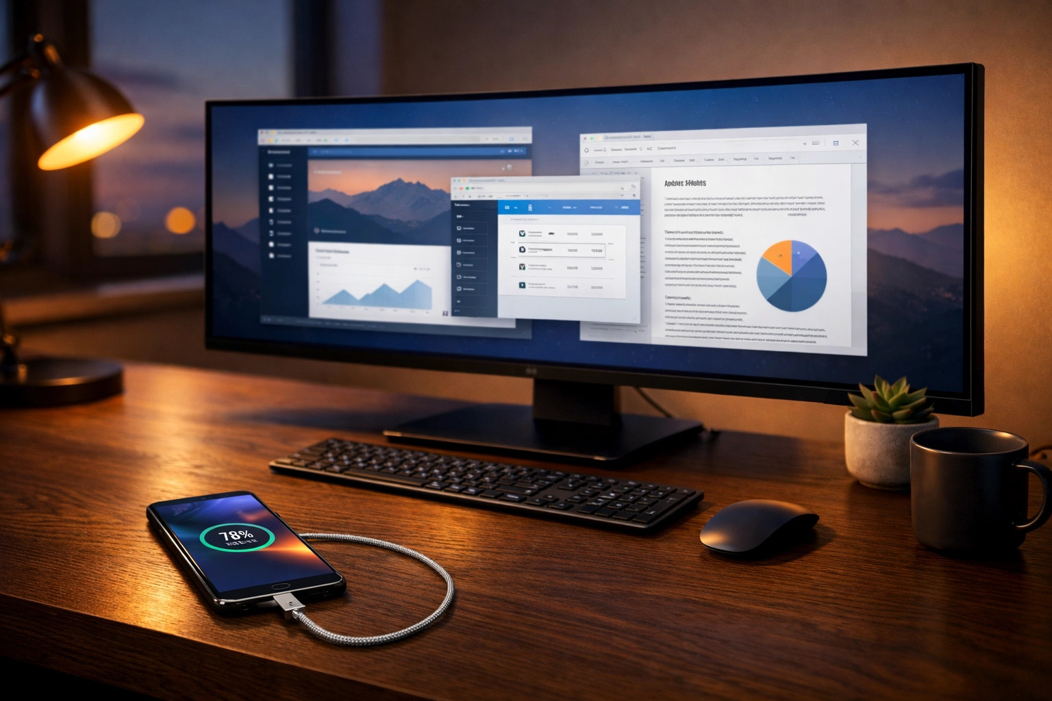 Smartphone connected to a monitor showing Android Desktop Mode with multiple app windows for productivity.