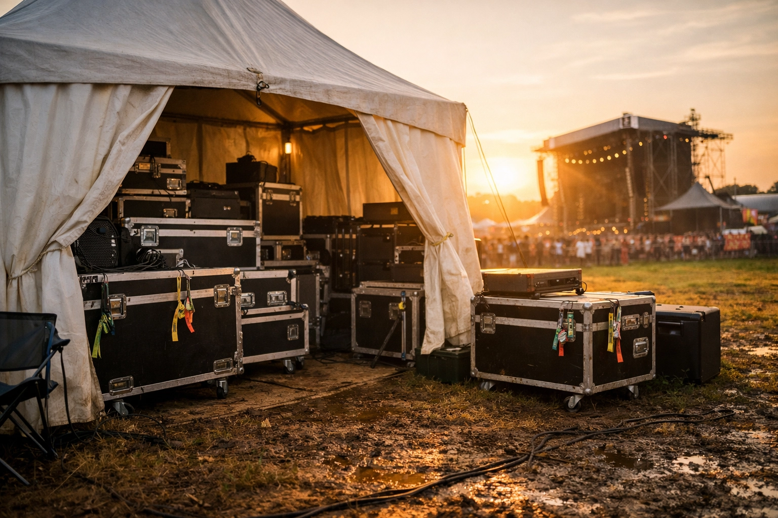 Festival backstage storage tent with music equipment and flight cases at outdoor venue