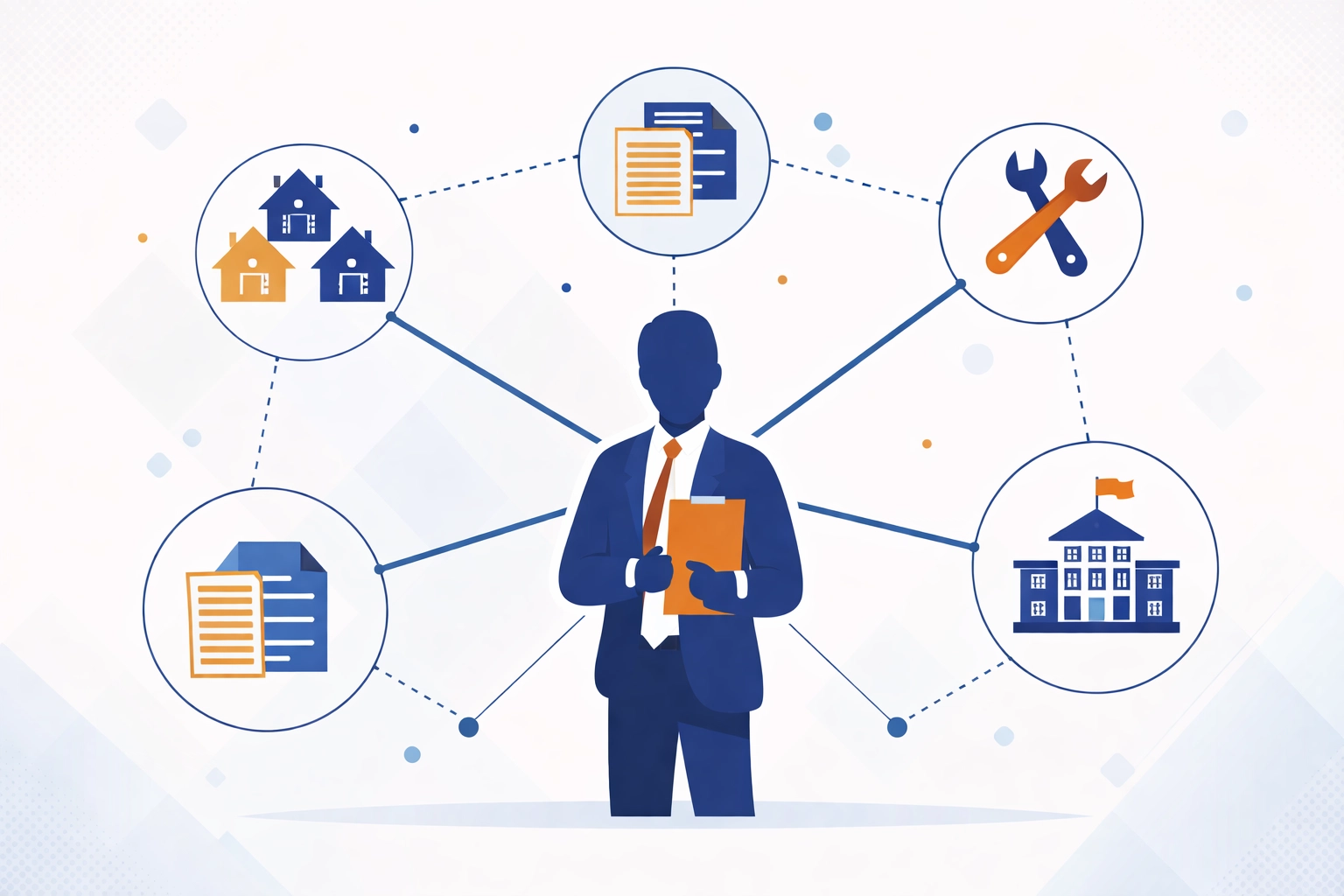 Illustration of a property manager connected to tenants, documents, and agencies, showcasing expert Section 8 management.