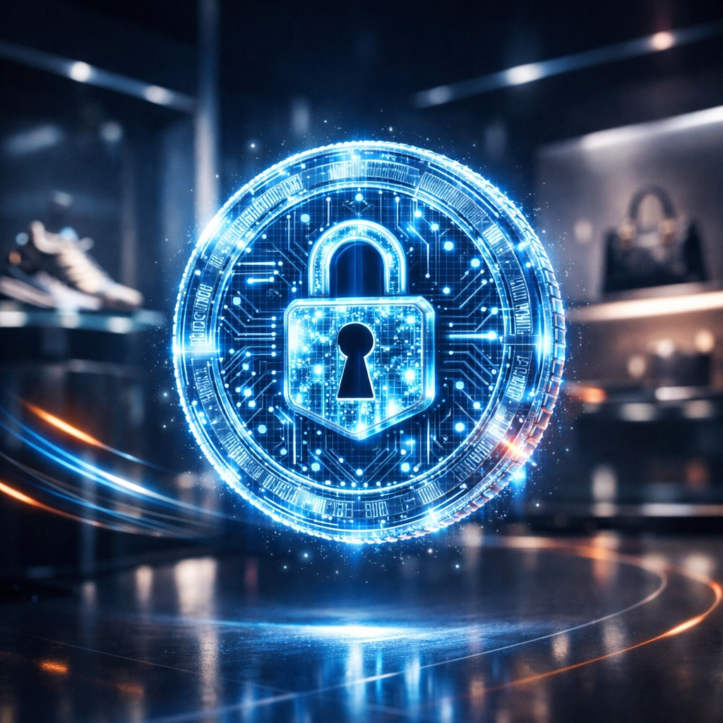 Secure digital token and luxury products in a futuristic metaverse retail storefront.