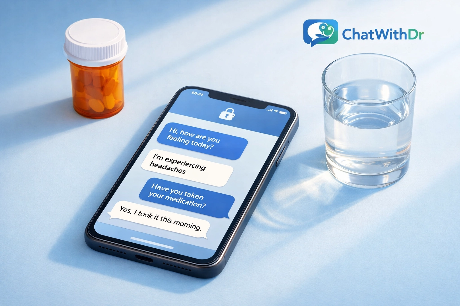 Smartphone with secure medical messaging and prescription bottle for online treatment