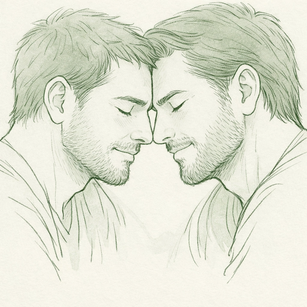 Close intimate moment between two men showing emotional connection in gay romance