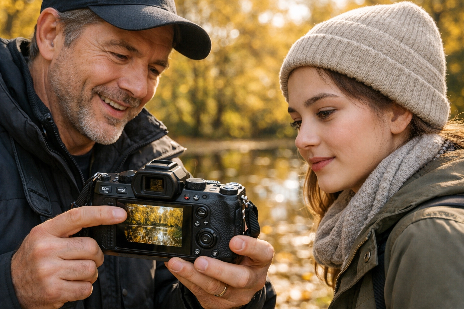 Professional photographer teaching photography tutorials using a mirrorless camera in a sunlit park.