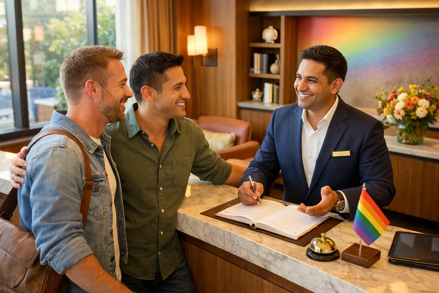 Gay couple checking in at LGBTQ-friendly hotel concierge desk with welcoming staff