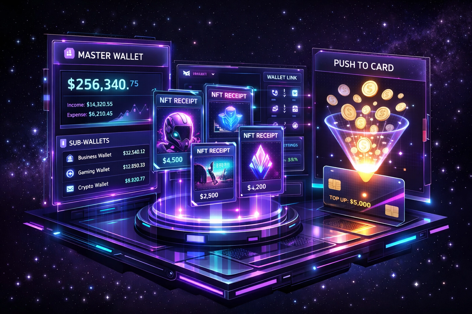 Larecoin merchant dashboard featuring Master Wallets, NFT receipts, and Push-to-Card payment tools