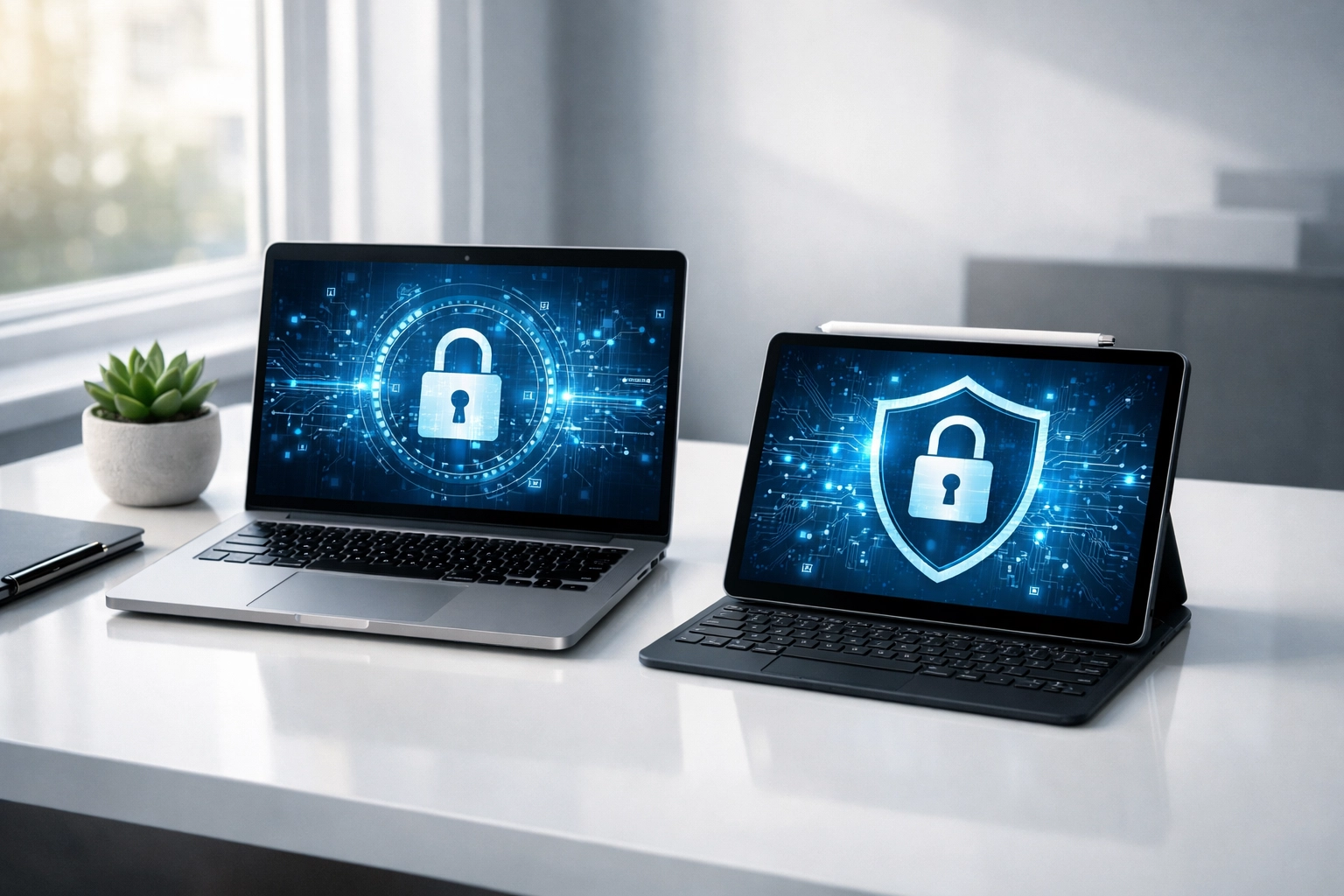 Professional ERO software workspace with a laptop and tablet for compliant tax practice operations.