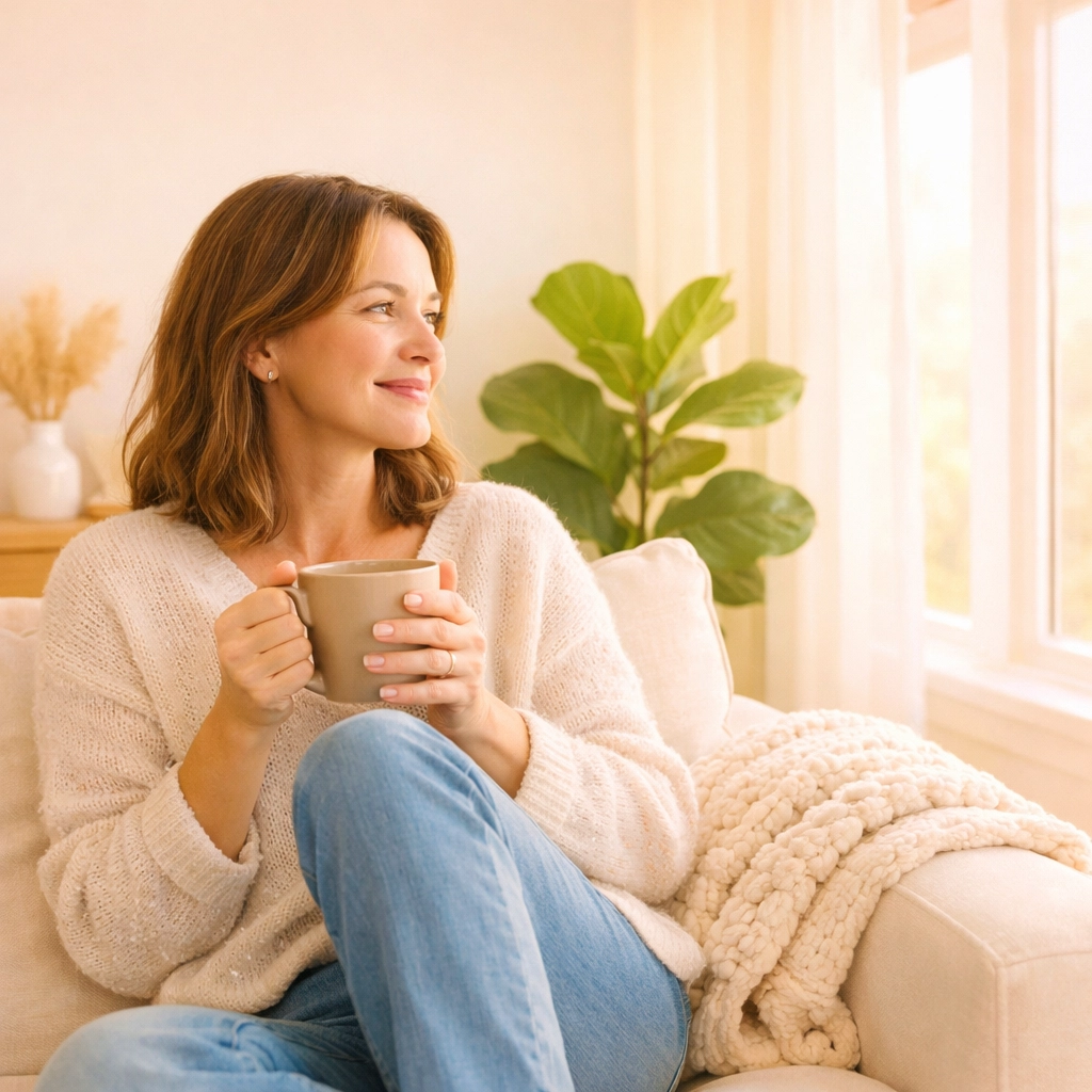 A relaxed Cedar Valley mom enjoying a quiet moment in a clean, sun-lit minimalist living room.