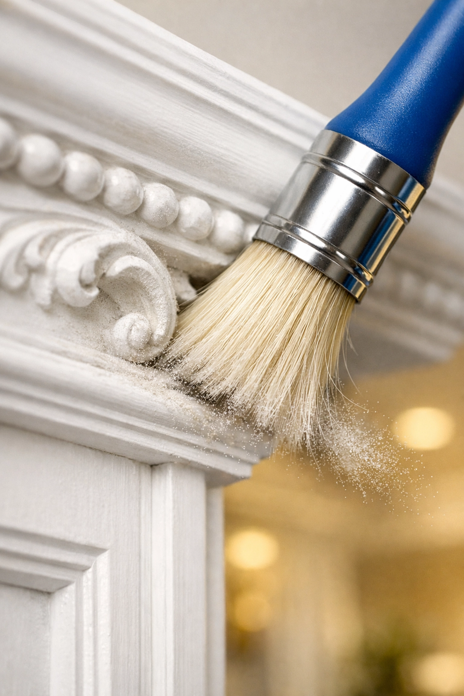 Professional cleaners MA detailing dust from intricate white molding using a precision brush in a Massachusetts home.