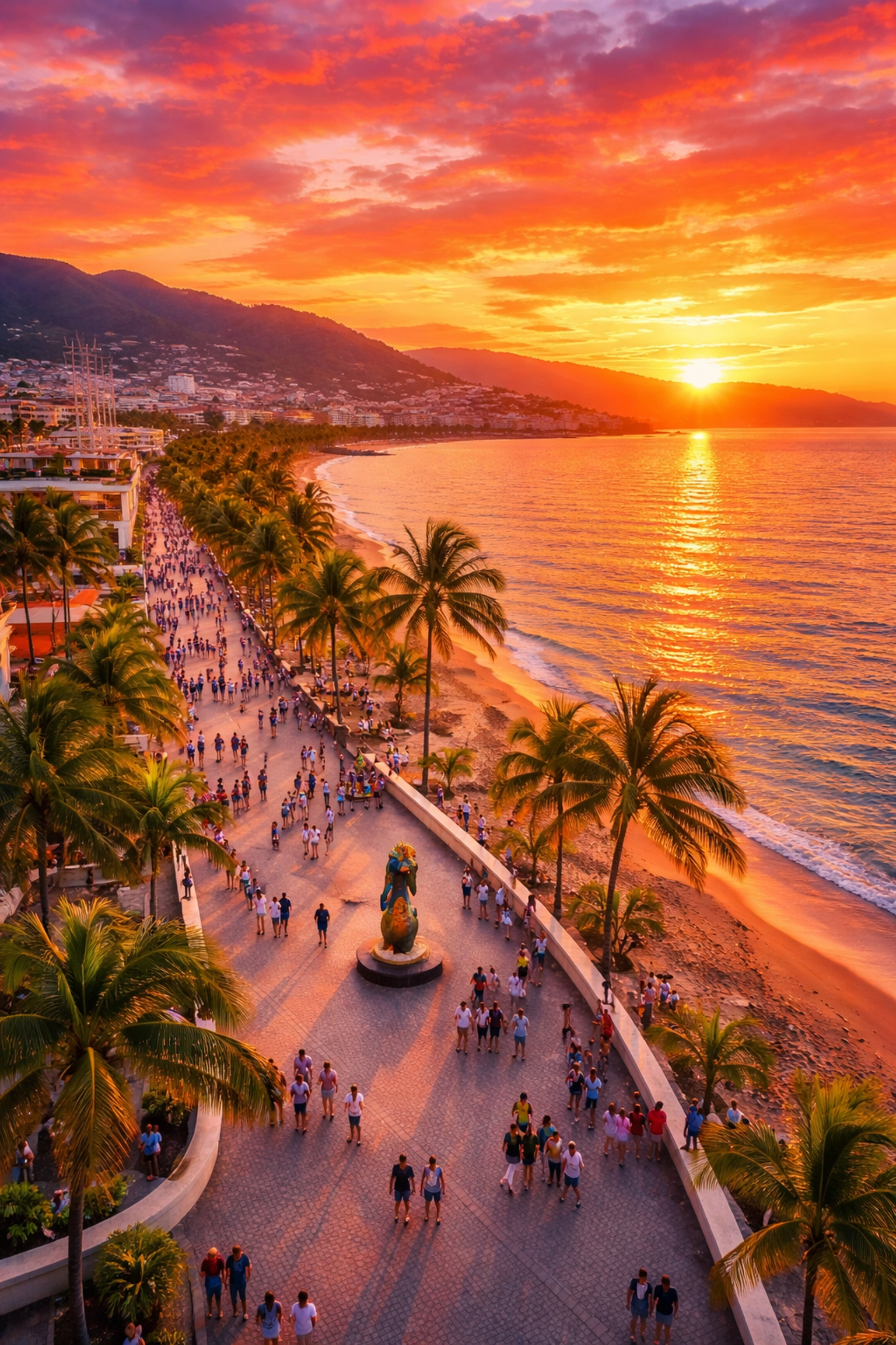 Aerial sunset view of Puerto Vallarta Malecón with tourists strolling, ocean, and mountain backdrop