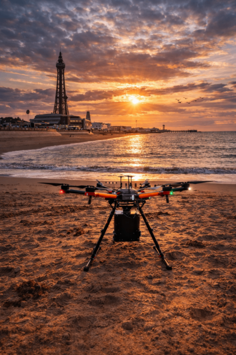 Professional-Grade Drone with Ashes Release Device at Blackpool Beach