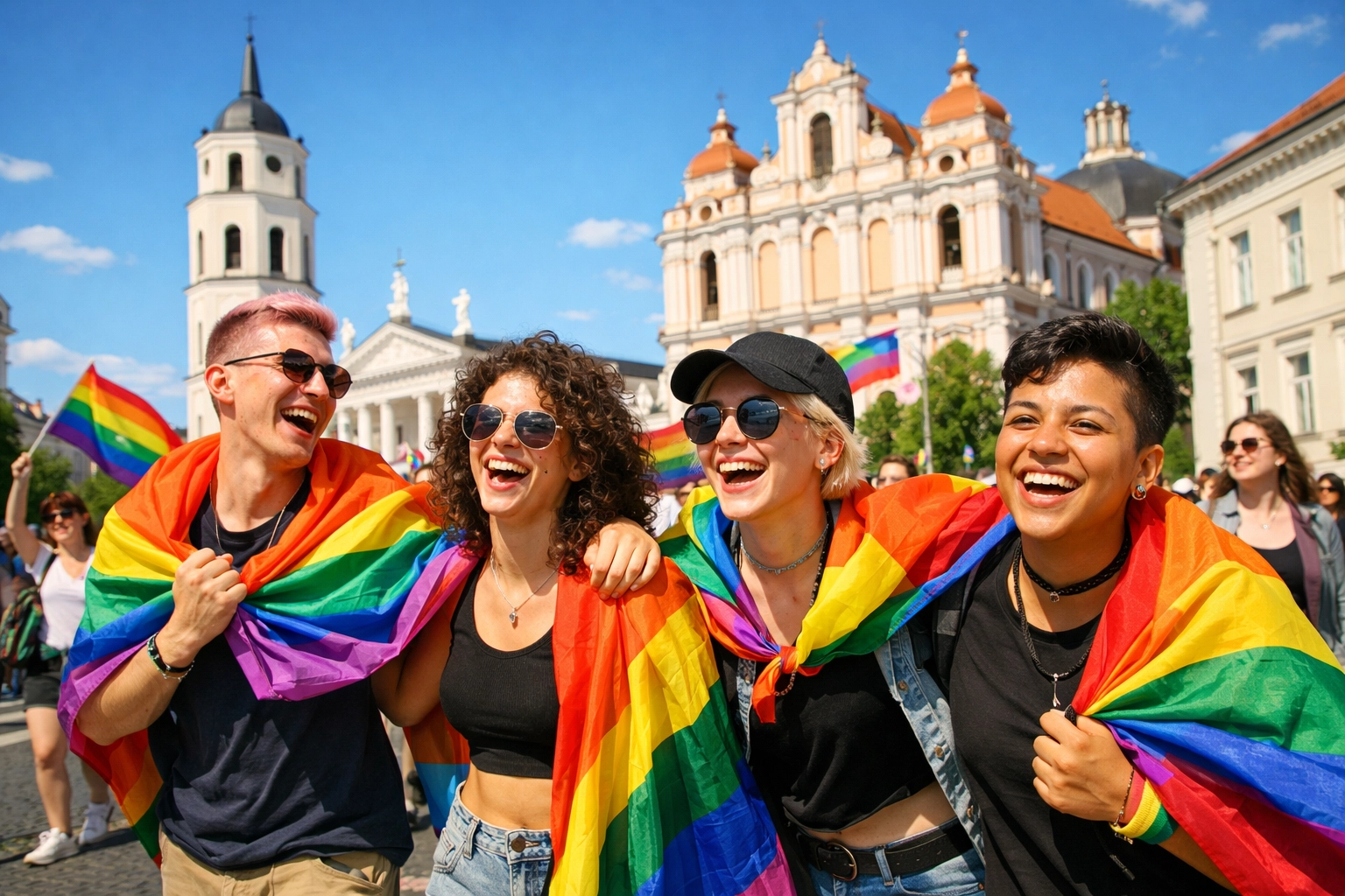 Vibrant crowds celebrating at Baltic Pride in Vilnius with rainbow flags and historic Lithuanian architecture.