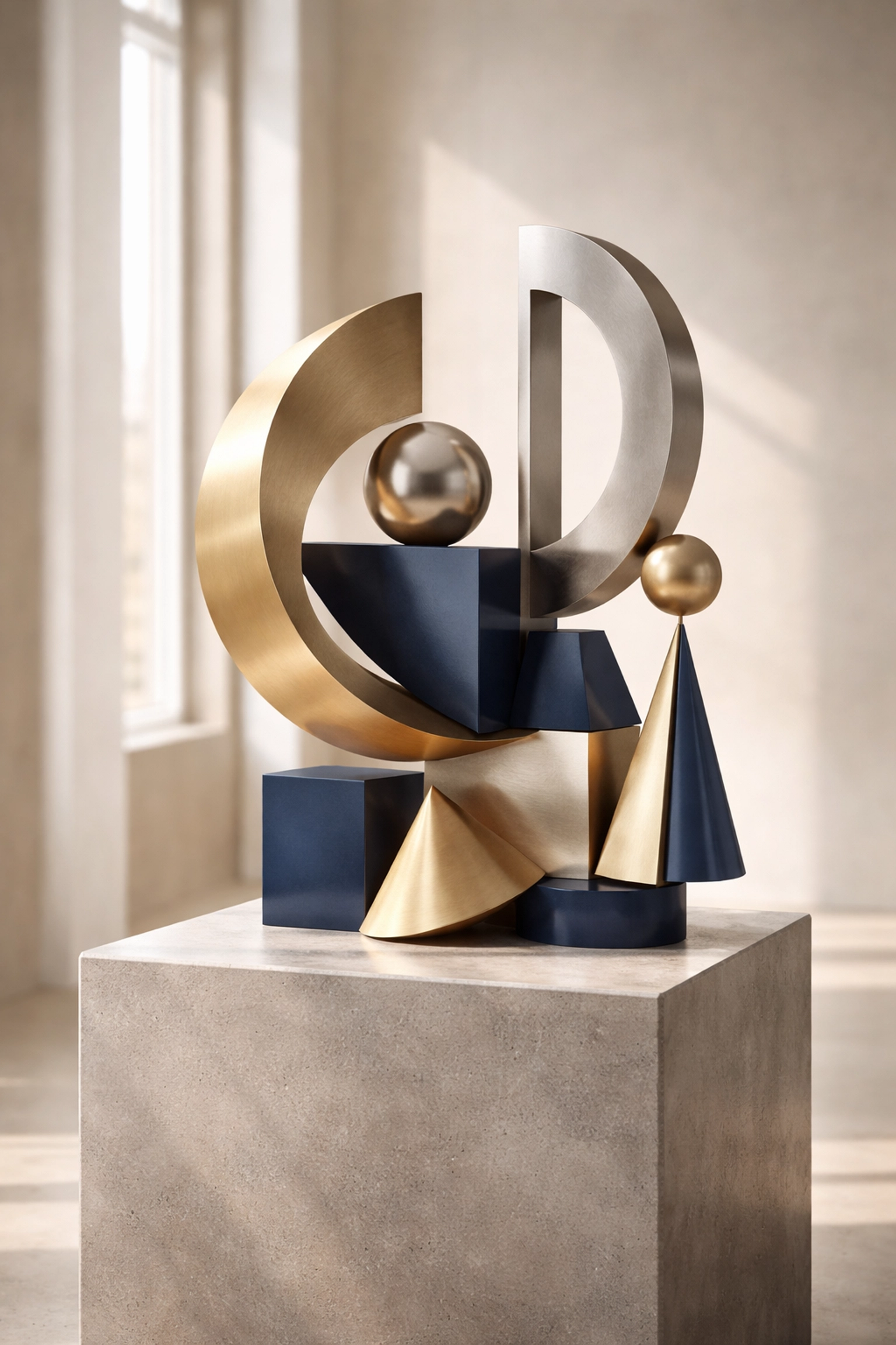 Abstract sculpture of interconnected shapes signifying diversification and balance in hedge fund portfolio management.