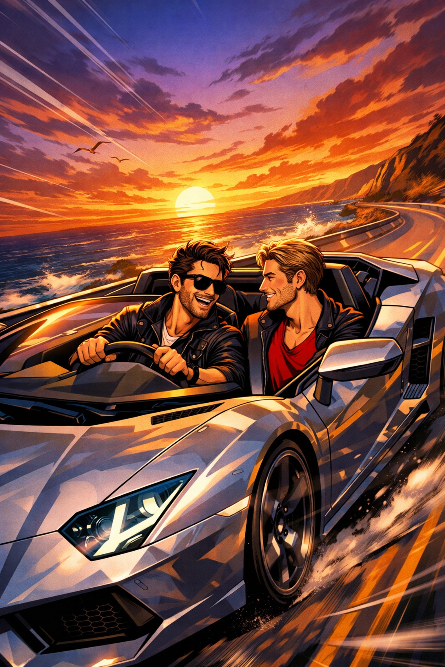 Two men in convertible sports car on coastal highway - luxury MM romance adventure