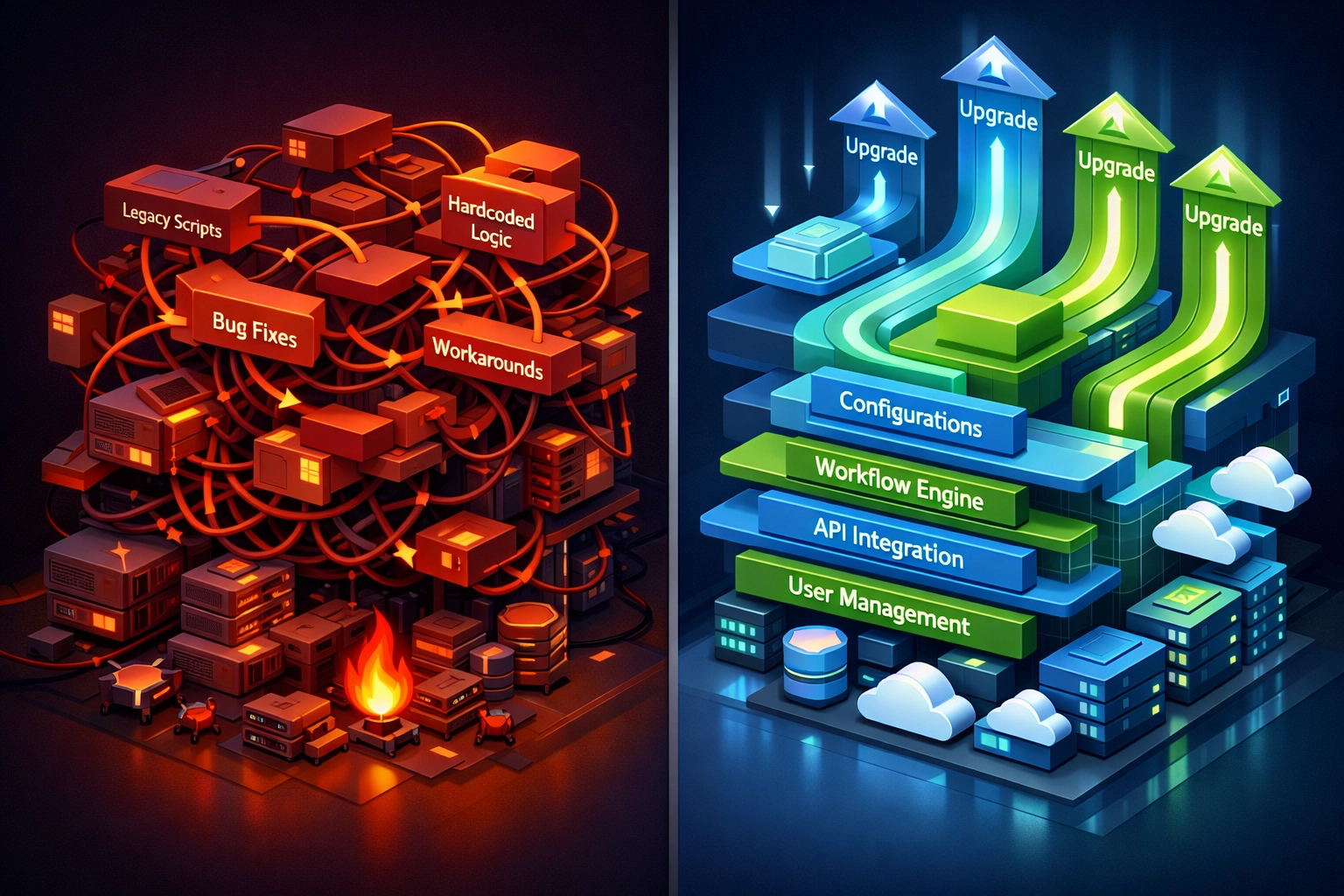 ServiceNow technical debt vs clean configuration architecture showing platform health optimization strategies