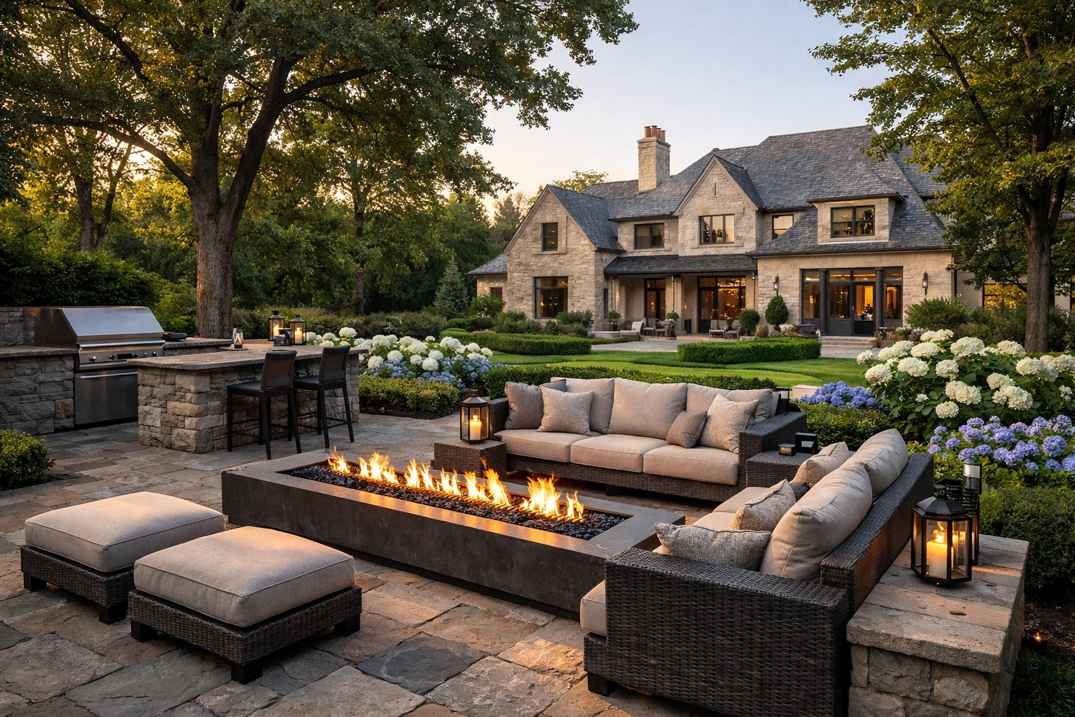 Luxury North Shore Chicago estate featuring an upscale outdoor living space with a stone patio and fire pit.