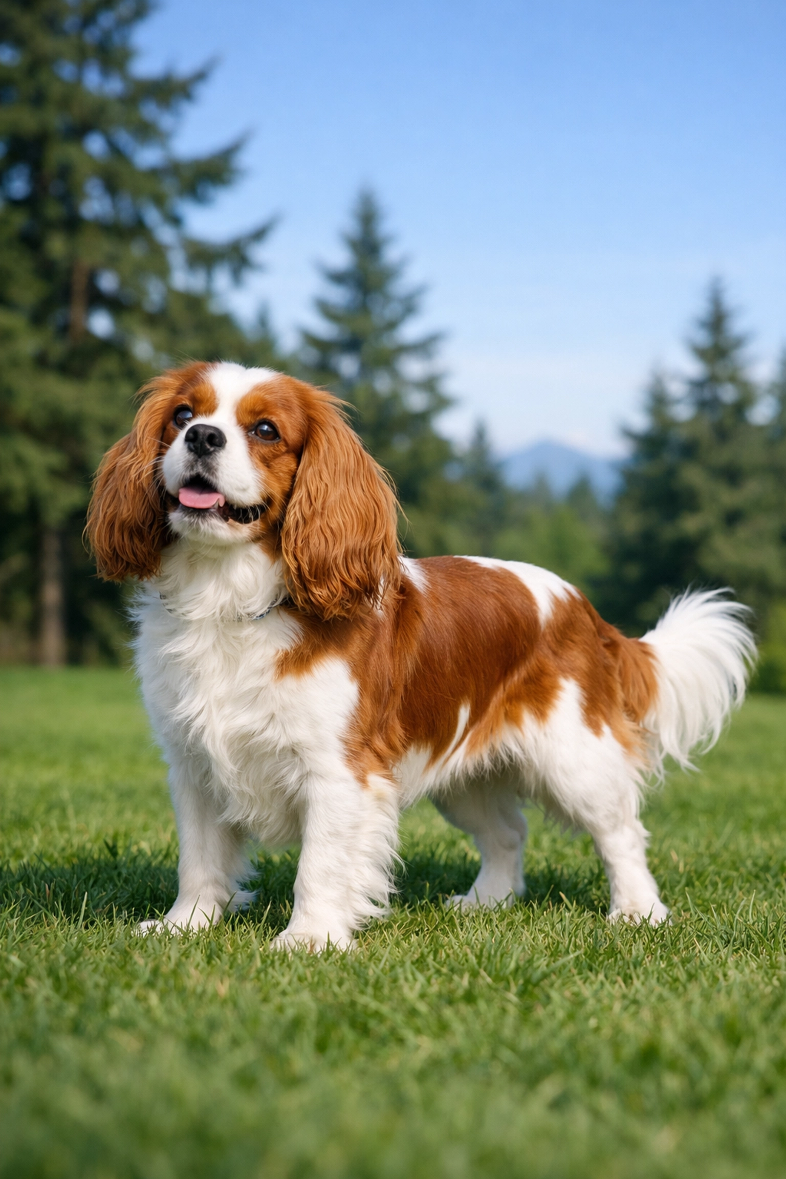 A biddable, therapy-quality Cavalier King Charles Spaniel outdoors in the beautiful Oregon landscape.