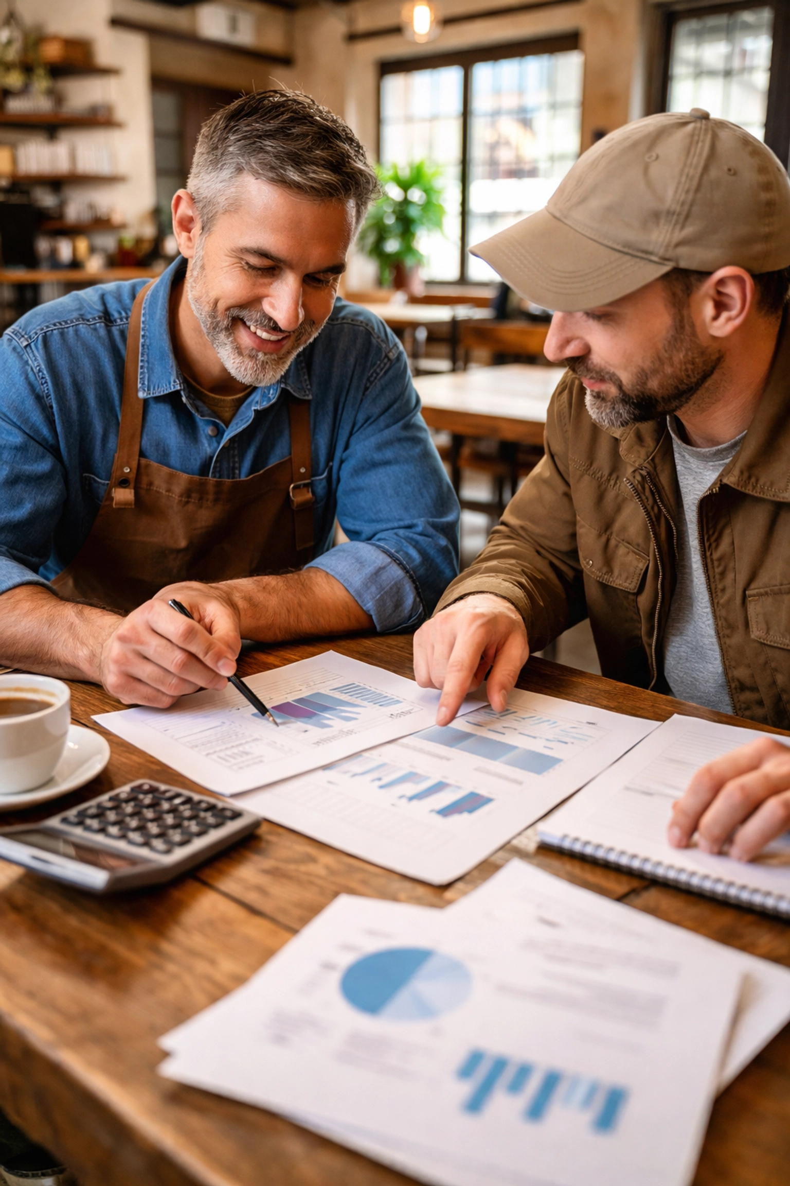 Restaurant owner and contractor analyzing charts and documents, focusing on marketing expenses and customer acquisition costs. Restaurant owner and contractor analyzing charts and documents, focusing on marketing expenses and customer acquisition costs.
