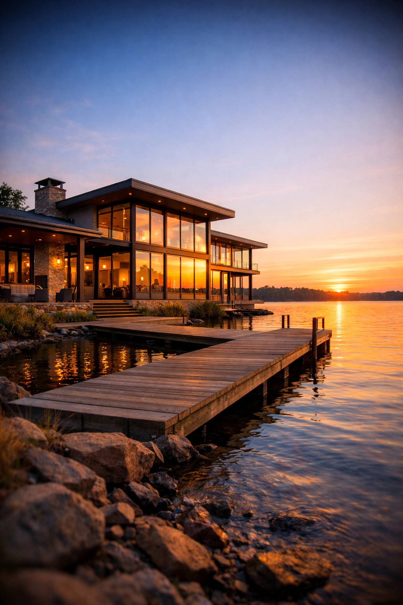 Custom waterfront home on Lake Murray with floor-to-ceiling windows and private dock at sunset