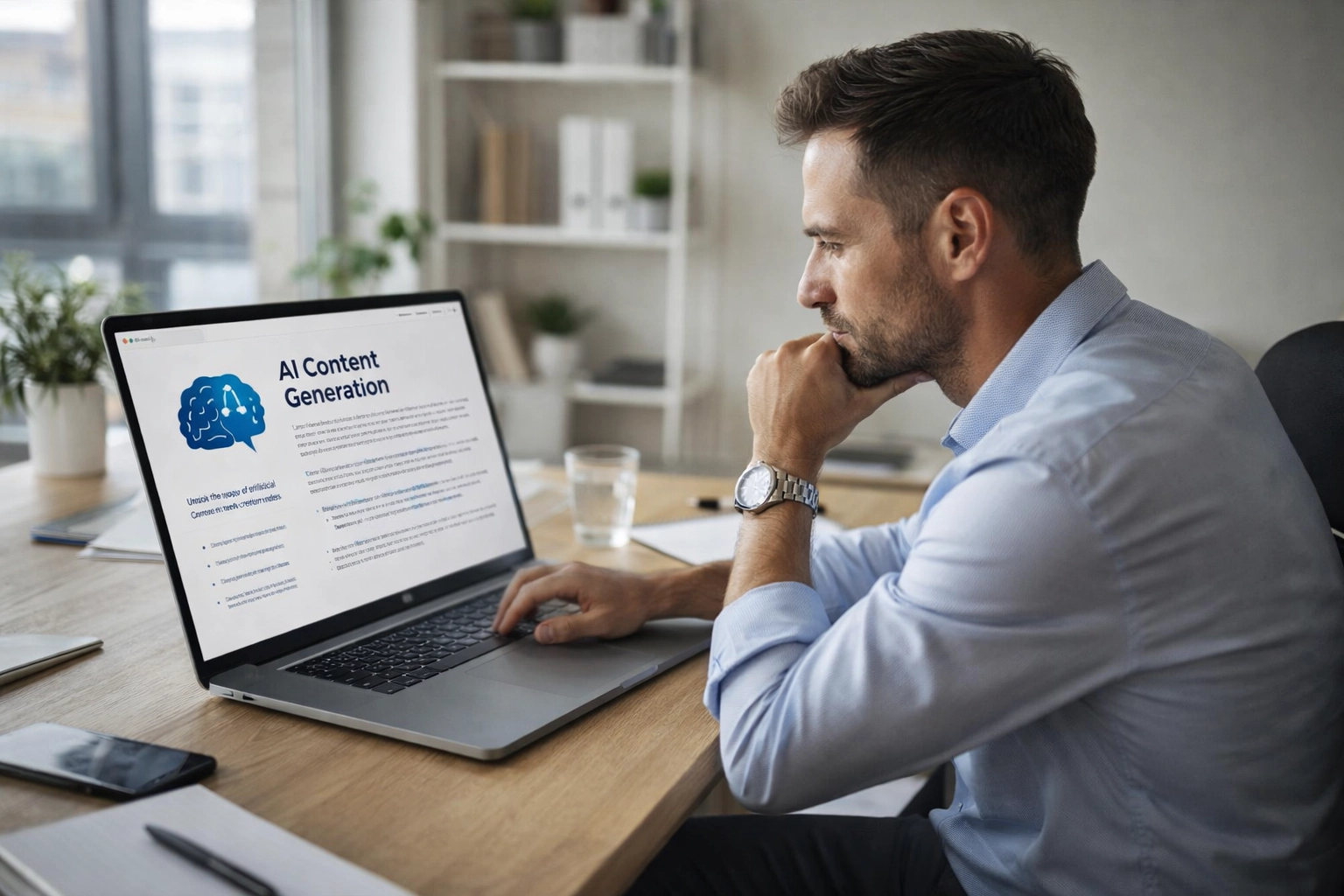 Business owner reviewing AI-generated website content on a laptop in a professional office